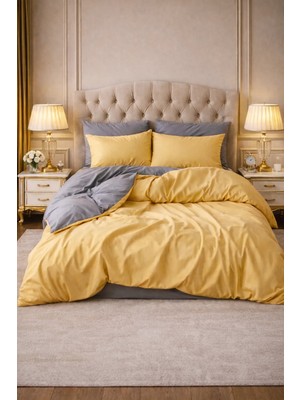 More Home  Çift Kişilik Yorgan Kılıfı + Yastık Kılıfı  (Çarşafsız) Sarı-Antrasit