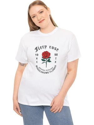 Tarz Yeri Kadın Bisiklet Yaka Baskılı  Kısa Kol T-Shirt - Beyaz