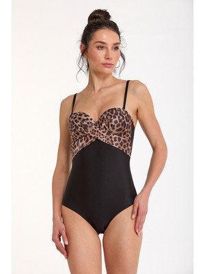 Argento  Kadın Leopar Desenli  Drapeli Balenli Kaplı Straplez Mayo