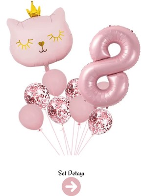 Feyza Design 8 Yaş Retro Pembe Kedi Konfeti Temalı Balon Seti