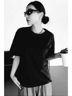 Kadın Baskılı T-Shirt Kısa Kol Bisiklet Yaka Ovarsize Rahat Kalıp Tişört T-Shirt - Siyah