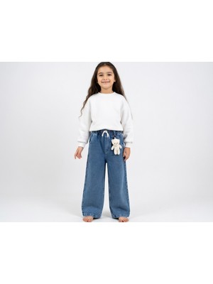 Cubbux Kız Çocuk Boru Paça Pantolon Beli Lastikli Geniş Paça Rahat Kesim Ayıcık Anahtarlık Detaylı
