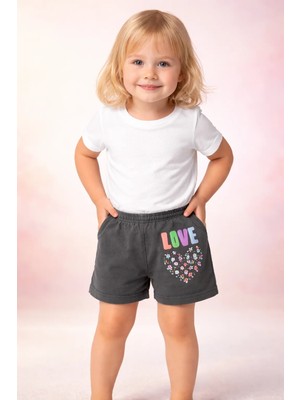 Almira Anne Bebek Renkli Kız Çocuk Yaz Şortları Pamuklu 2-10 Yaş Love Desenli