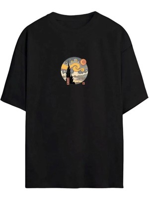 Kadın Baskılı Oversize  Kısa Kol T-Shirt - Siyah