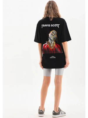 Kadın Baskılı T-Shirt Kısa Kol Bisiklet Yaka  Ovarsize Rahat Kalıp Günlük Tişört  - Siyah