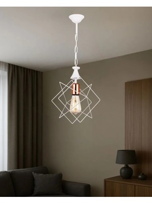 Özbak Avize Prizma Tekli Avize Beyaz – Modern Metal Sarkıt, Turuncu Detaylı Duy, Zincirli Gövde, E27 Duylu