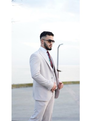 Dupont Classics Taş Rengi Slim Fit Yelekli Erkek Takım Elbise