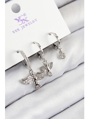 Pirinç Zirkon Taşlı 3'lü Kuş Model Gümüş Renk Kadın Küpe - Lisinya