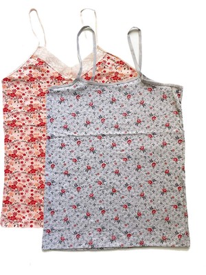 2 Adet Kadın Askılı Desenli Atlet Dantelli Empirme Pamuklu Penye D1-2