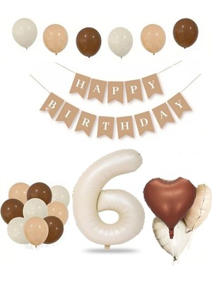 Feyza Design 6 Yaş Doğum Günü Seti Krem Rakam Folyo Banner ve Balonlar