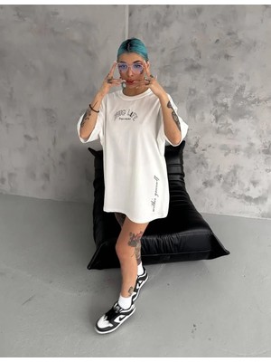 Kadın Baskılı Oversize  kısa Kol T-Shirt - Beyaz