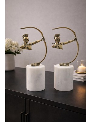 Velora Living Apollo Archer Pirinç Okçu Dekoratif Heykel – Mermer Kaideli Modern Obje 2'li