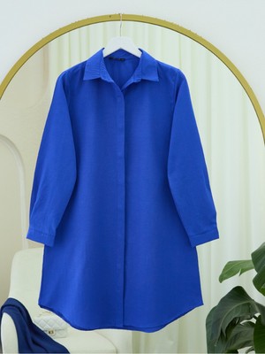 Moda Morfo Gizli Düğmeli Oval Kesim Uzun Gömlek -Saks