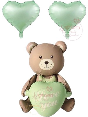 Feyza Design Yeşil Kalpli Oturan Ayı ve Folyo Balon Seti - Retro Tasarım