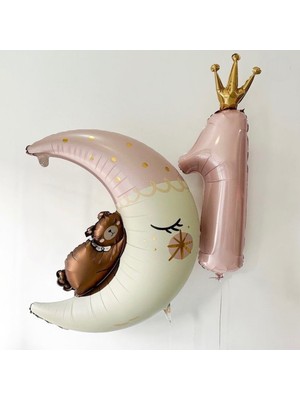 Feyza Design Pembe Taçlı 1 Yaş Ayıcıklı Balon Seti
