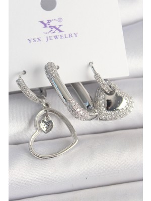 Pirinç Gümüş Renk Sallantı Zirkon Taşlı Kalp Model 3'lü Kadın Kombin Küpe - Lisinya