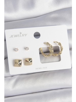 Pirinç Gold Renk Burgu Halka Model Zirkon Taşlı Kare Detay 3 Çift Kadın Küpe Seti - Lisinya