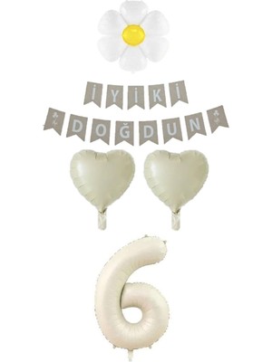 Feyza Design 6 Yaş Papatyalı Rakam Kalp Folyo Balon Doğum Günü Seti