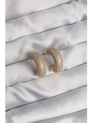 Pirinç Gold Renk Zirkon Taşlı Yarım Halka Küpe - Lisinya