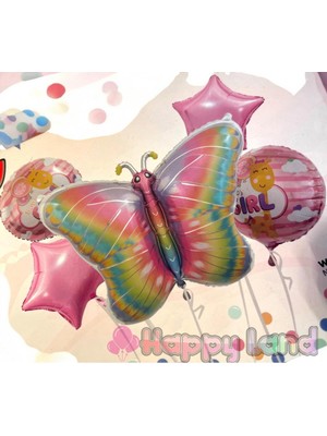 Feyza Design Pembe Kelebek Temalı 5'li Folyo Balon Seti - Doğum Günü Partisi