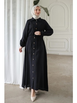 Lizay Kol ve Bel Lastikli Düğmeli Çift Cepli Elbise