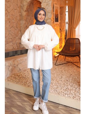 Lizay Kol Lastikli Çizgili Gömlek Tunik