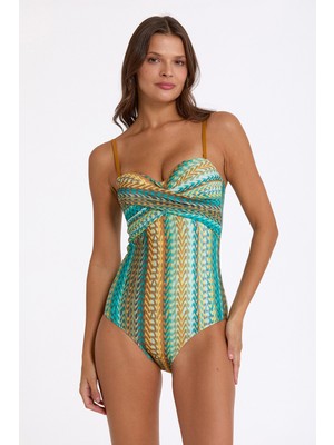 Argento Kadın Yeşil Ebruli Desenli Balenli Kaplı Straplez Mayo