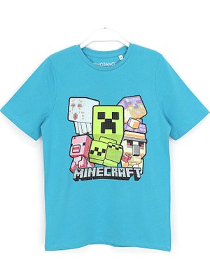 Mojang Minecraft Silikon Baskılı Erkek Çocuk T-Shirt 4 - 12 Yaş Mavi