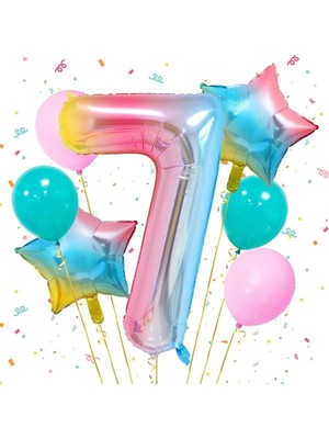 Feyza Design Gökkuşağı Folyo Balon Seti 7 Yaş Için Renkli Parti Malzemeleri