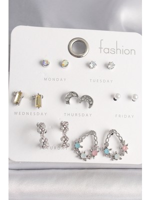 Pirinç Gümüş Renk Renkli Zirkon Taşlı Halka Damla Figür Hilal Detay 7 Çift Kadın Küpe Seti - Lisinya