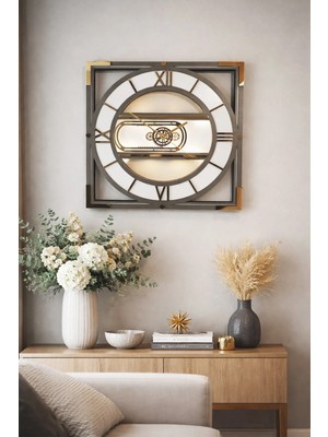 Asse Tasarım Hareketli Çarklı Eşsiz Dekoratif Duvar Saati 50X50CM Beyaz - Antrasit - Gold