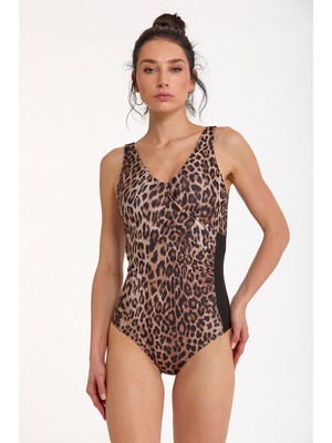 Argento  Kadın Siyah Leoppar Desenli Drapeli Sabit Ince Kaplı Toparlayıcı V Yaka Mayo