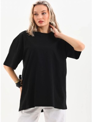 Tarz Yeri Kadın Düz  kısa Kol Penye T-Shirt - Siyah