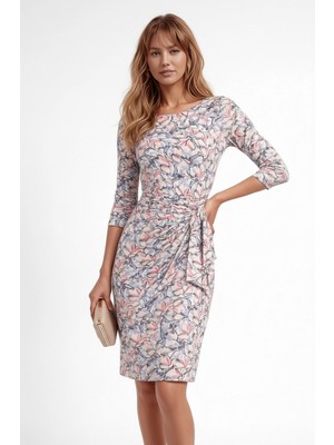 Mamayaga Kadın Bisiklet Yaka Truvakar Kol Viskon Yandan Bağlamalı Midi Boy Desenli Casual Şık Elbise