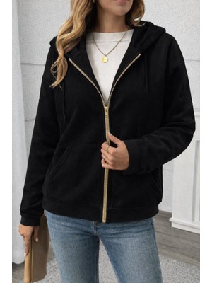 Meğdaix Kadın Uzun Kollu Kapşonlu Fermuarlı Önden Cep Detaylı Şardonlu Iki Iplik Ceket