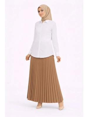 Marsilyan Tesettür Beyaz Gömlekli Pliseli Etek Ikili Takım Gündelik ve Ofis Şıklığı - Kahverengi