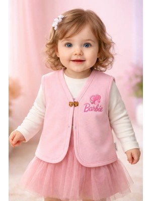 Almira Anne Bebek Bebek Kız Yelekleri Pembe Renkli Baskılı Düğmeli Penye Kız Bebek Yelekleri