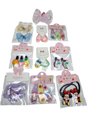 Spteks Kız Çocuk Sevimli Karakterler Fiyonk Model Lastik ve Pens Toka Çeşitleri 10 Lu Set