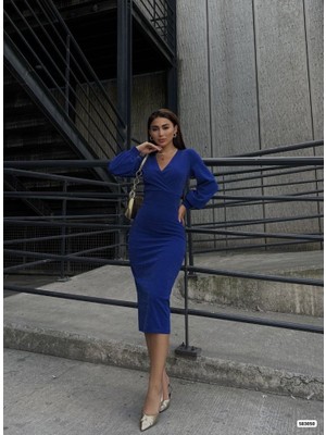 Ne Verelim Size Kadın Kruvaze Yaka Balon Kol Simli Krep Kumaş Midi Boy Elbise