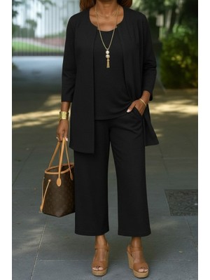 Nnstartshopping  Kadın Uzun Kollu Önü Açık Modal Ceket Kolsuz Viskon Iki Iplik Bluz ve Pantolon Üçlü Takım