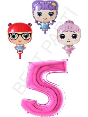 Feyza Design 3 Karakter Kız Bebek ve Fuşya Pembe Rakam Folyo Balon Seti