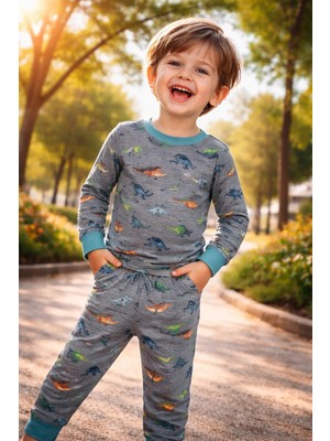 Almira Anne Bebek Yüksek Kaliteli Erkek Çocuk Dino Baskılı Pamuk Pijama Takımı