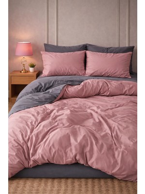 More Home Tek  Kişilik Yorgan Kılıfı + Yastık Kılıfı   (Çarşafsız) Antrasit-Gül kurusu