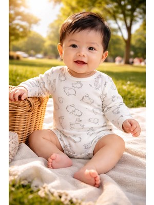 Almira Anne Bebek Erkek Bebek Body Uzun Kollu Kuzu Baskılı Pamuklu Günlük Kullanım