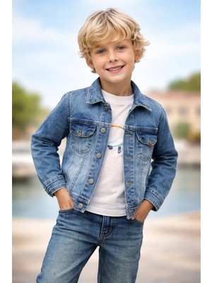 Almira Anne Bebek Kışlık Erkek Çocuk Kot Ceket 6-7 Yaş, Düğmeli Yaka, Mavi