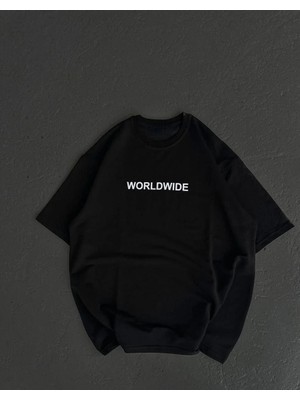 Kadın Baskılı T-Shirt Kısa Kol Bisiklet Yaka Oversize Rahat Kalıp Günlük Tişört   - Siyah