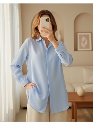 Moda Morfo Gizli Düğmeli Oval Kesim Uzun Gömlek -Bebe Mavi