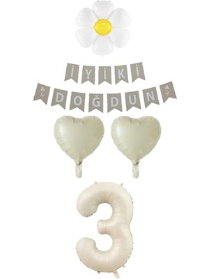 Feyza Design 3 Yaş Papatyalı Rakam Kalp Folyo Balon Doğum Günü Seti