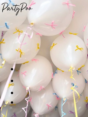 Feyza Design Renkli Kurdeleli Beyaz Balon Seti 10'lu Doğum Günü Fiyonklu