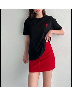 Kadın Bisiklet Yaka Baskılı Oversize  Kısa Kol T-Shirt - Siyah